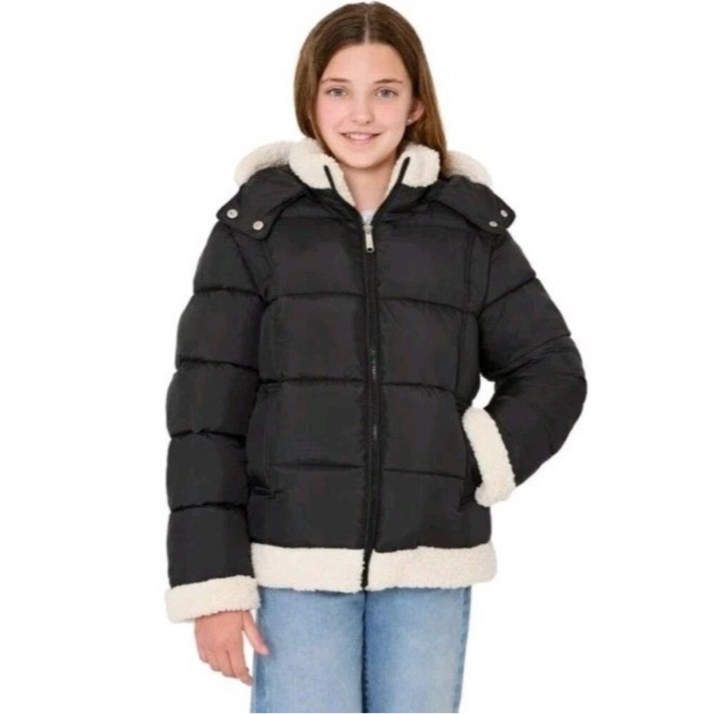 Sam Edelman Girls Jacket Black Puffer Full-Zip Faux Fur Trim Winter